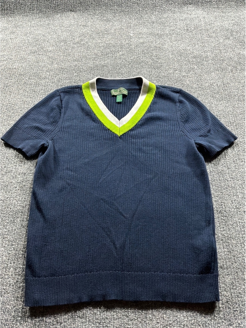 Lauren Ralph Lauren Navy Blue V-Neck Short Sleeve Sweater with Lime and White Tr